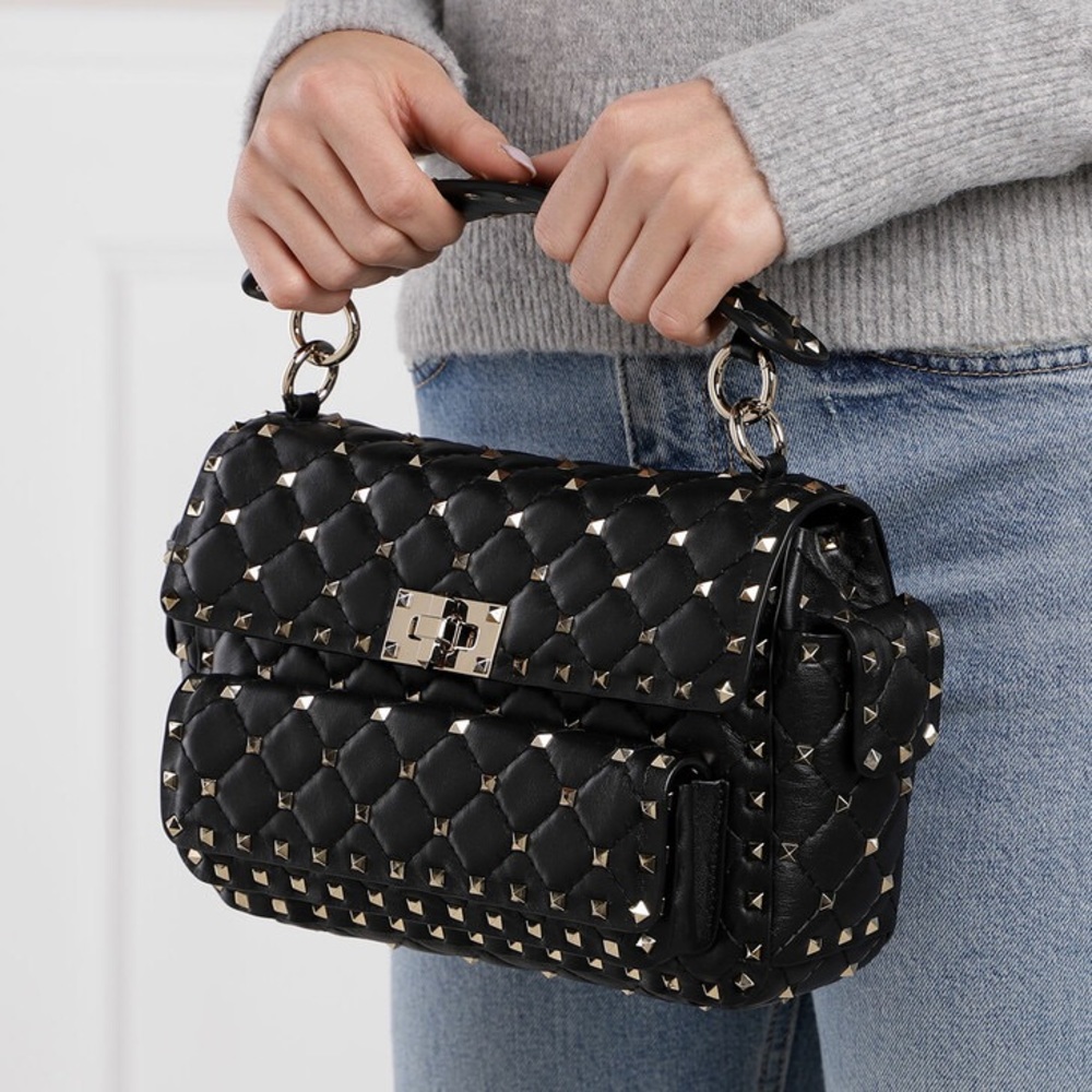 Valentino Garavani Black Quilted Rockstud Crossbody Bag with Gold Hardware
